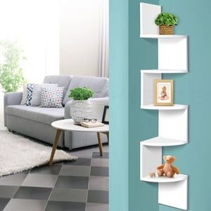 HOMFURN 5-Tier Corner Floating Wall Shelf – Space-Saving Design, White