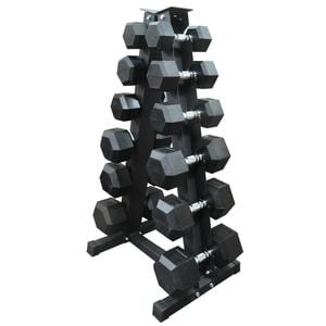 165kg - 6 Pair Hex Rubber Dumbell Weight Set With Large Storage Rack