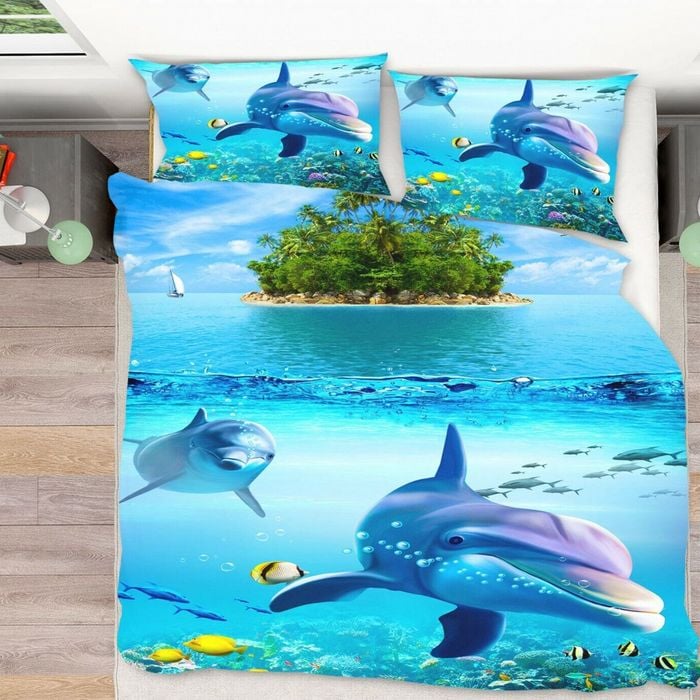 3D Blue Dolphin 298 Bed Pillowcases Quilt Queen Size