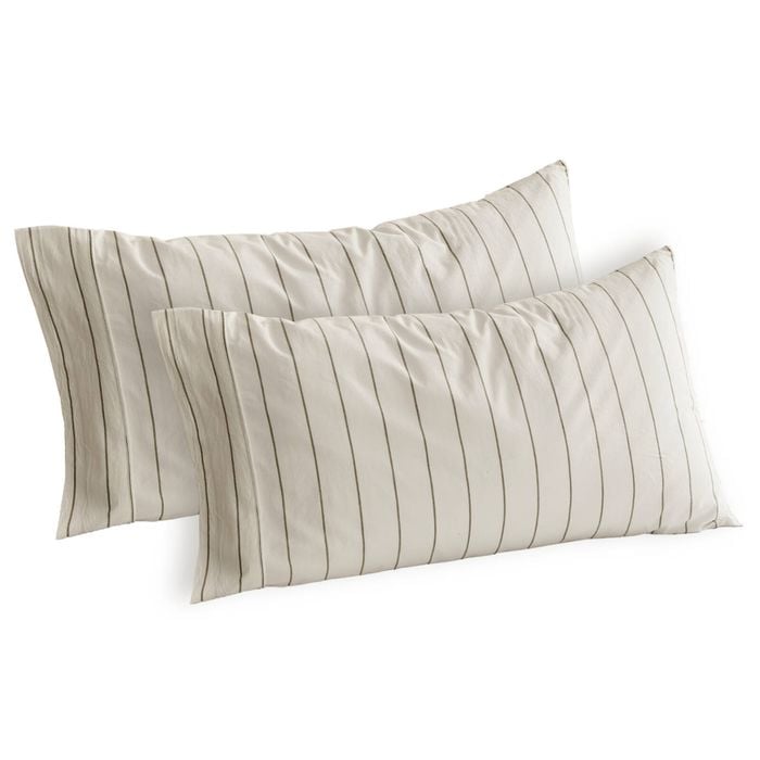 Dreamaker Rumi Washed Cotton King Pillowcase Twin Pack White With Olive Stripe