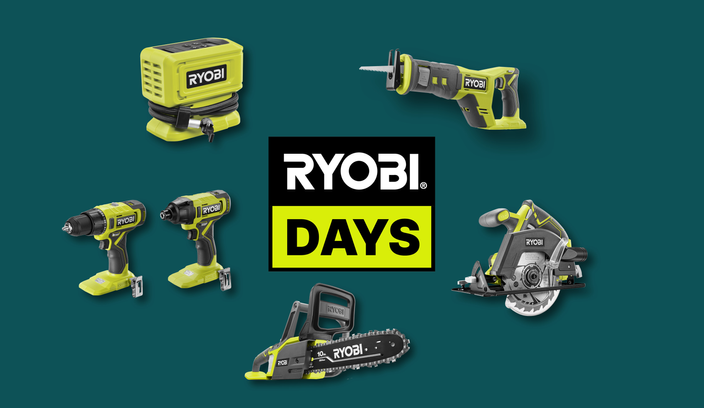 A selection of Ryobi power tools arranged around a central “Ryobi Days” graphic on a bunnings green background.