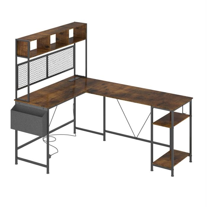 Ufurniture L shape Gaming Desk with LED Lights & Power Outlets Walnut