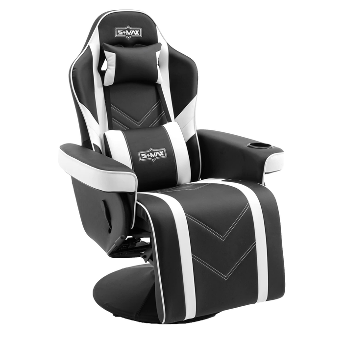 Gaming Recliner Chair with Flip-Up Footrest in Black and White PU Leather – Fixed Height Swivel Base