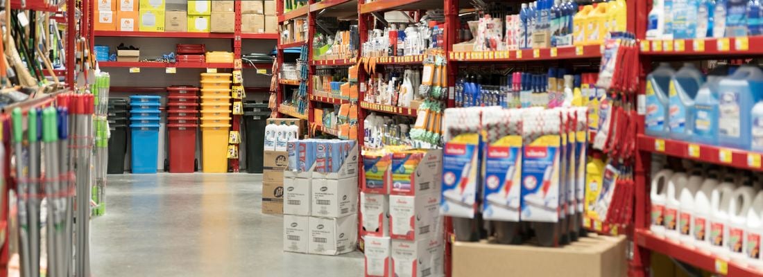 Two well stocked cleaning product aisles in Bunnings Warehouse.