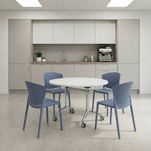 Olg Meeting Room Bundle: Modulus 1200mm Round Flip Table White + 4 Ripple Stackable Chairs Sky Blue