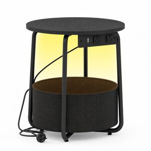 Ufurniture Round Side Table with Charging Station and Storage Basket Sofa End Table Black