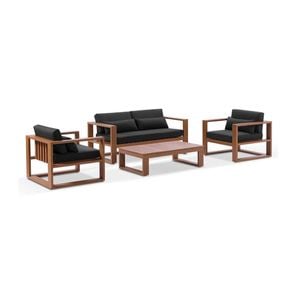 Santorini 2+1+1 Outdoor Aluminium Lounge Set Teak Look With Coffee Table & Denim Grey Cushions