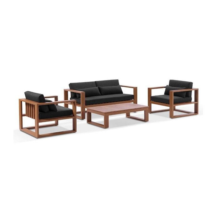 Santorini 2+1+1 Outdoor Aluminium Lounge Set Teak Look With Coffee Table & Denim Grey Cushions