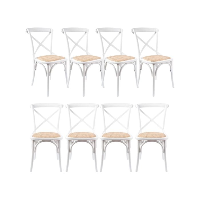 Aster Crossback Dining Chair Set of 8 Solid Birch Timber Wood Ratan Seat - White