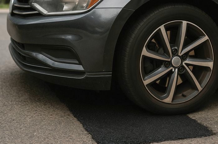 Close up of a car tyre and front bumper parked on a patched section of bitumen