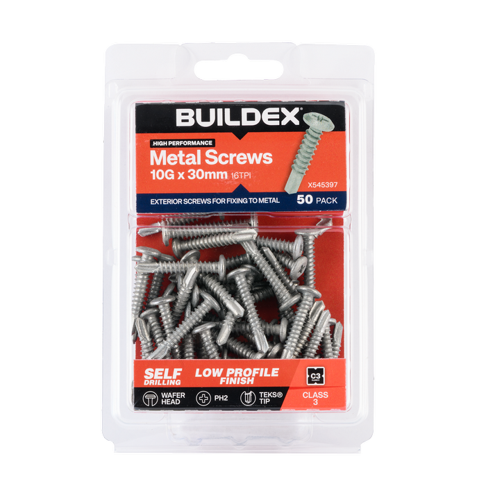 Buildex 10G x 30mm Class 3 Wafer Head Sheet Metal Screws - 50 Pack