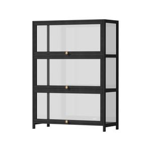 Oikiture Display Cabinet Bamboo Storage 3-Tier Shelves Clear Black
