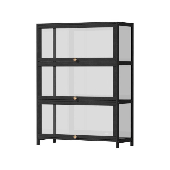 Oikiture Display Cabinet Bamboo Storage 3-Tier Shelves Clear Black