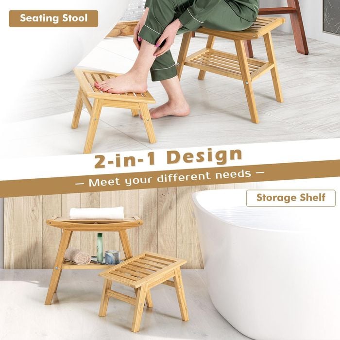 Costway Bamboo Shower Seat Chair Bench Wood Foot Stool Set w/Storage ...
