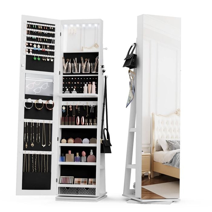Advwin LED Jewelry Cabinet with Mirror LED Light Lockable 360°Swivel White