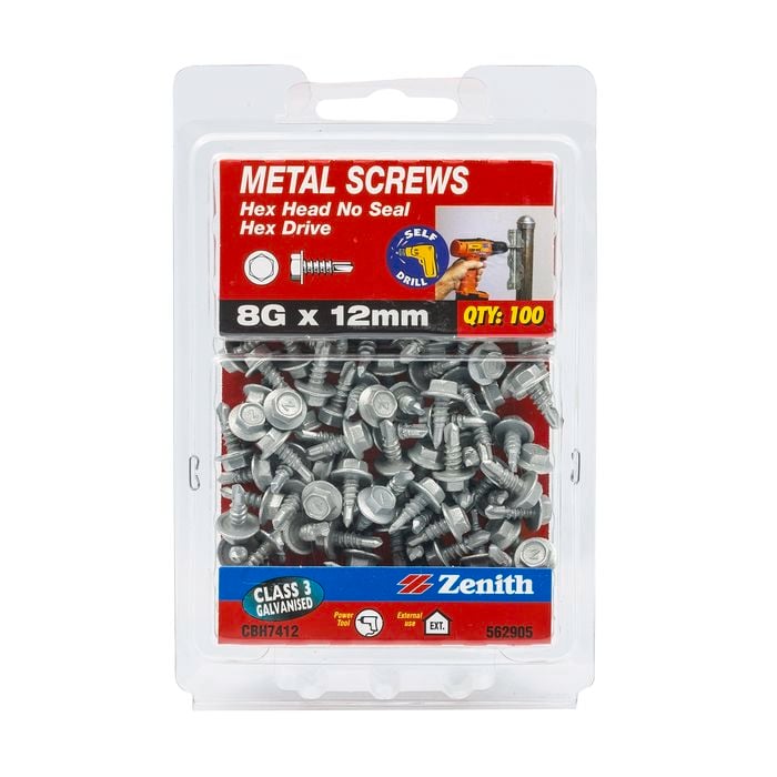 Zenith 8G x 12mm Galvanised Hex Head Metal Screws - 100 Pack