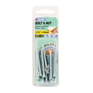 Zenith 3/16" x 50mm Zinc Plated Countersunk Bolt And Nut - 10 Pack