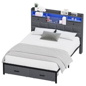 Advwin Queen Bed Frame with RGB LED and Charging Station Metal Platform Bed Frames with 2 Storage Drawers Grey