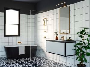 Black and white bathroom with black bath, white tiles, white and black bath with green plant in the corner