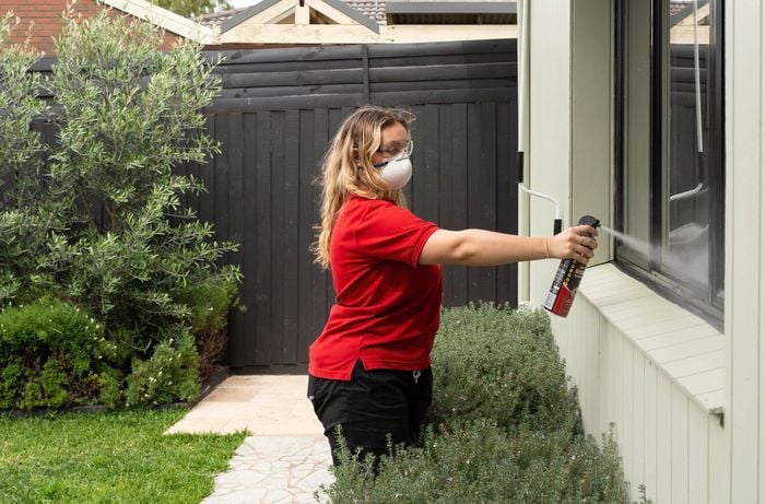 A person is spraying pest control around a window frame outside a house
