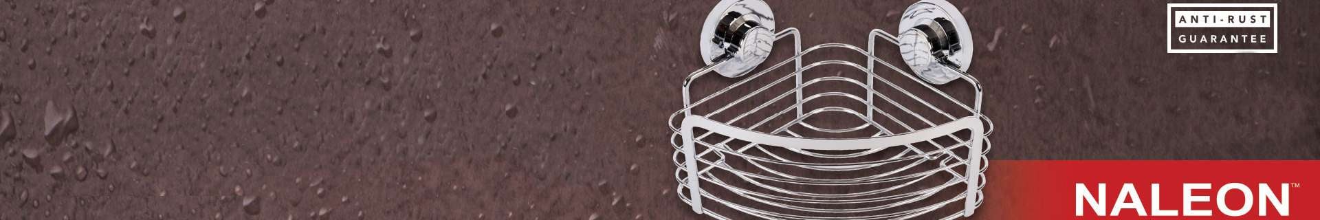Naleon Ultimate Corner Basket against a brown background. No drilling. No mess. No fuss. Anti-rust guarantee.