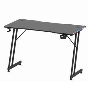 Advwin 120cm Z-Shape LED Gaming Desk w/ Mouse Pad Carbon Fiber Computer Workstation w/ Cup Holder & Headphone Hook