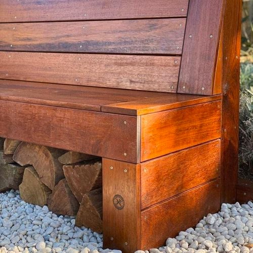 Timber bench outdoors. 