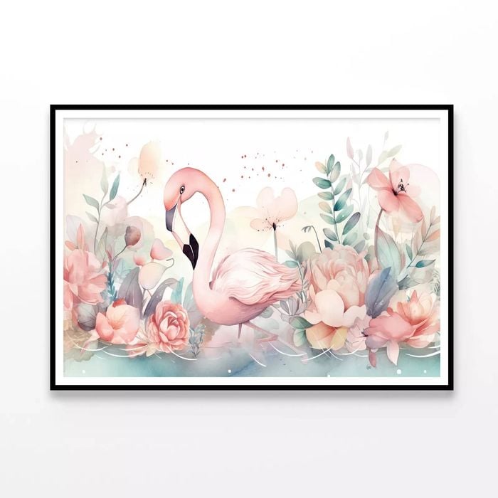Happy Flamingo Watercolor Style  Print 100% Australian Made 90x60cm  (Poster)