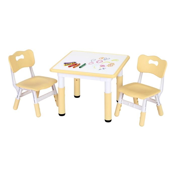 Keezi Kids Table And 2 Chairs Set Height Adjustable Toddler Activity Table Graffiti Top Yellow