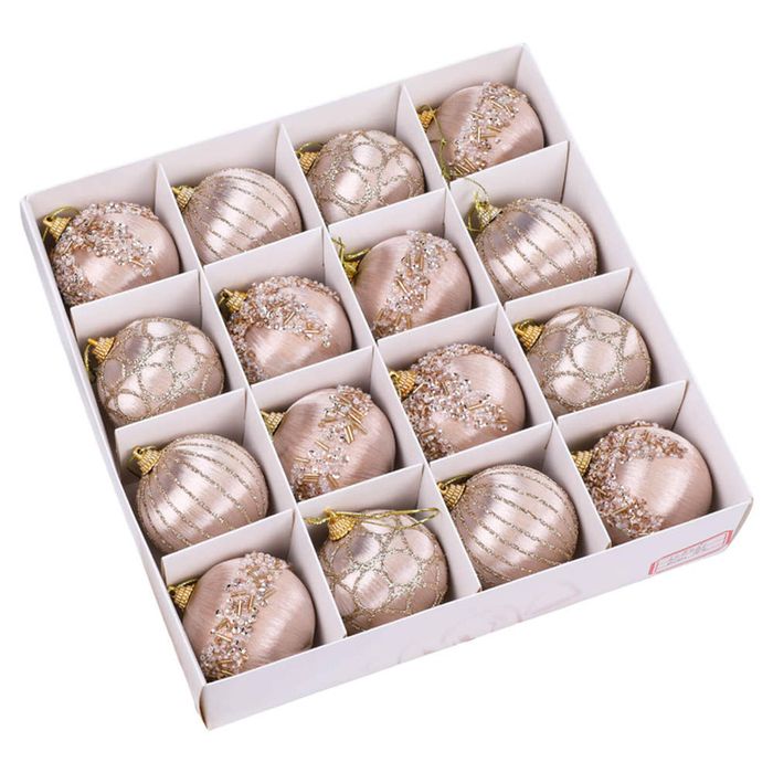 Catzon 16 Pcs Shiny Christmas Baubles Silk Wrapped with Rhinestone Sequins for Party Decor-Champagne