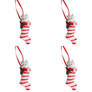 4PK Urban Cat in Stocking Hanging Decoration 9cm Red/White Assorted