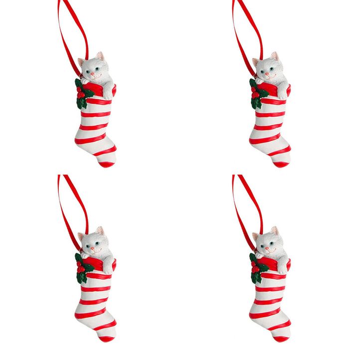 4PK Urban Cat in Stocking Hanging Decoration 9cm Red/White Assorted