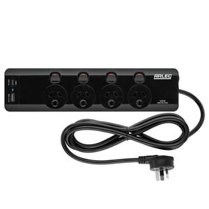 Arlec Black 4 Outlet Individually Switched Surge Powerboard With PD45W Rapid Charging USB A And C