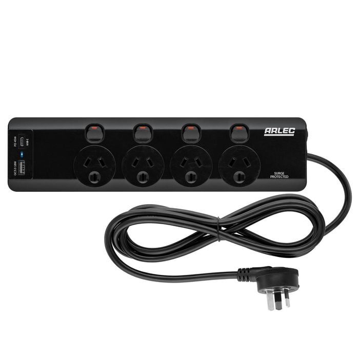 Arlec Black 4 Outlet Individually Switched Surge Powerboard With PD45W Rapid Charging USB A And C