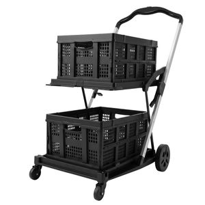 Artiss Shopping Trolley with Wheels 2 Layer w/2 Crates Foldable Trolley Cart for Grocery Black