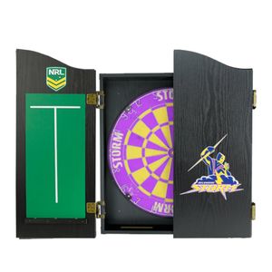 NRL Dartboard and Cabinet Set Melbourne Storm Team Design Black Finish