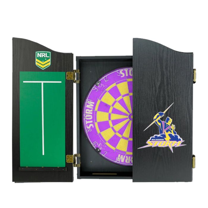 NRL Dartboard and Cabinet Set Melbourne Storm Team Design Black Finish