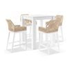 Santorini Outdoor Aluminium Square Bar Table White With 4 Hugo Rope Stools & Cream Rope/cream Cushions