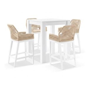 Santorini Outdoor Aluminium Square Bar Table White With 4 Hugo Rope Stools & Cream Rope/cream Cushions