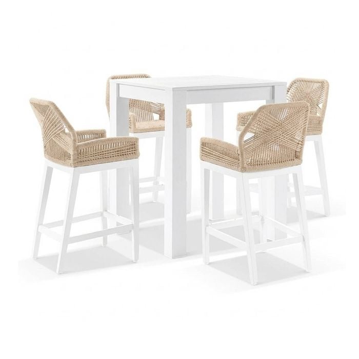Santorini Outdoor Aluminium Square Bar Table White With 4 Hugo Rope Stools & Cream Rope/cream Cushions