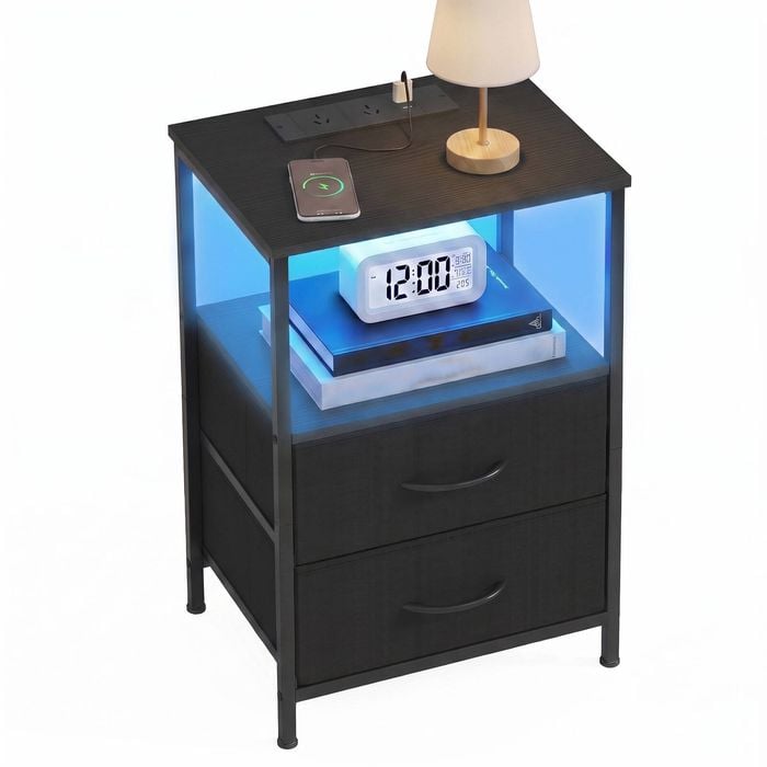 Advwin LED Bedside Table with Charging Station 2 Fabric Drawers Nightstand Black Drawer & Black Top