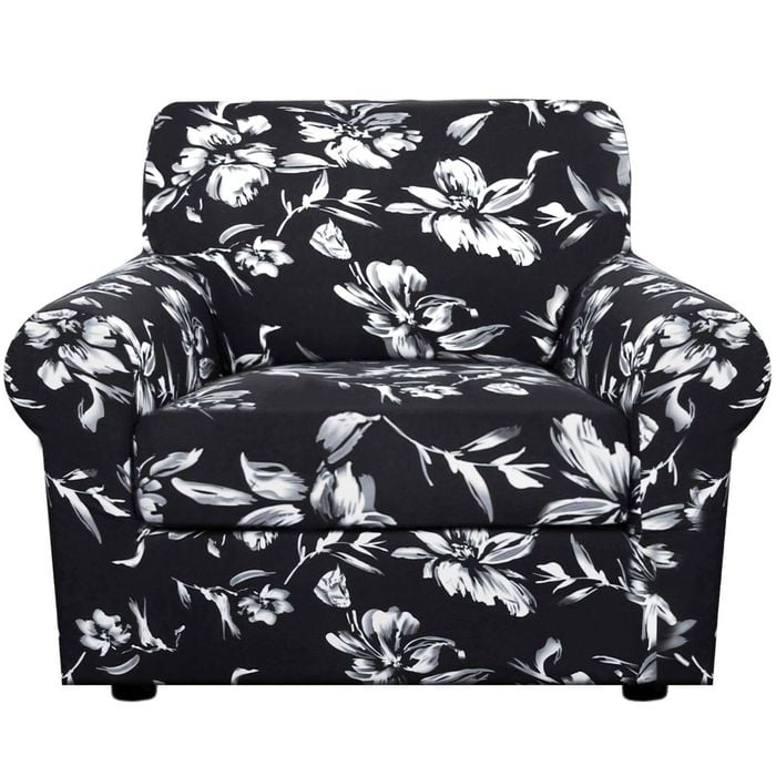 Smarcute 1 Seater Stretch Floral Pattern 2 Pieces Seperated Sofa Covers Black