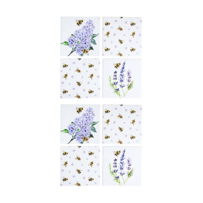 2x 4pc Lvd Decorative Bees & Lavender Ceramic Square Drink Coasters 10x10cm