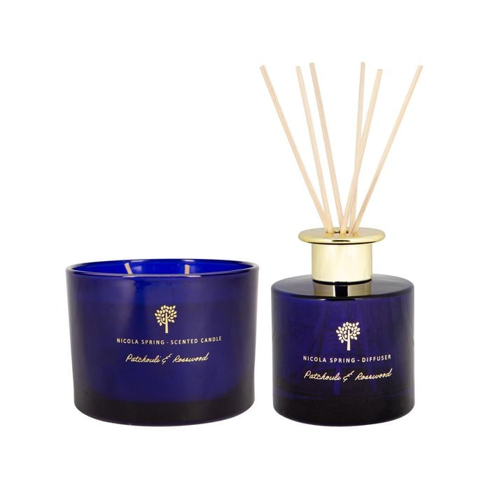 Scented Candle & Reed Diffuser Set - 350g - Patchouli & Rosewood - Sweet Creamy Scent Double Wick