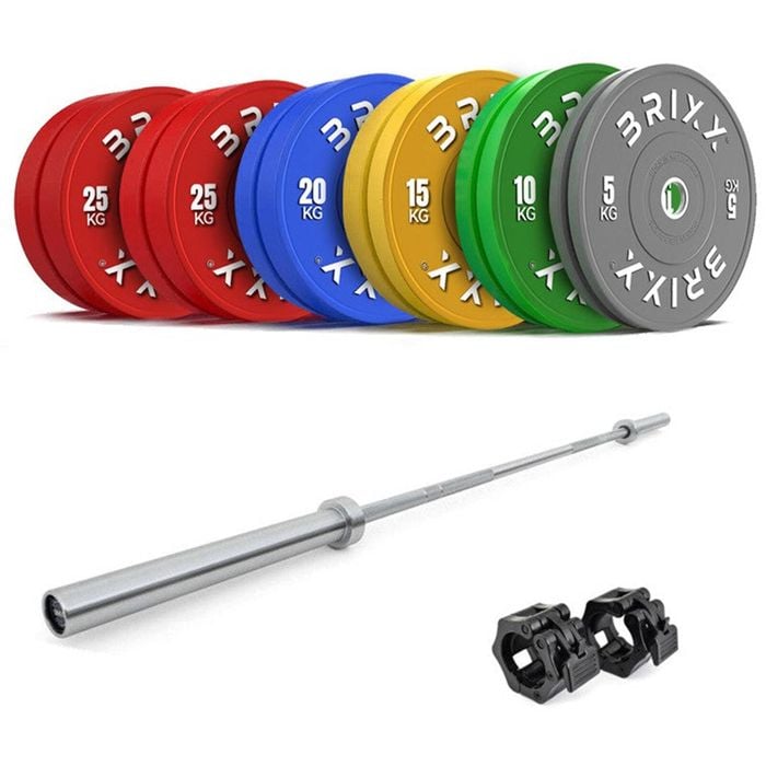 BRIXX 200kg PRO Colour Olympic Bumper Plates + 20kg Barbell