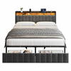 Maxhomm King Bed Frame With Led Headboard, Charging Station, 2 Storage Drawers, Grey Upholstered