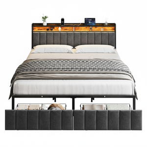 Maxhomm King Bed Frame With Led Headboard, Charging Station, 2 Storage Drawers, Grey Upholstered