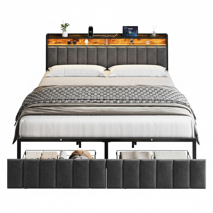 Maxhomm King Bed Frame With Led Headboard, Charging Station, 2 Storage Drawers, Grey Upholstered