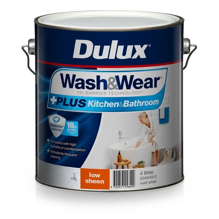 Dulux 4L Interior Paint Wash&Wear +PLUS Kitchen & Bathroom Low Sheen Vivid White - 4L
