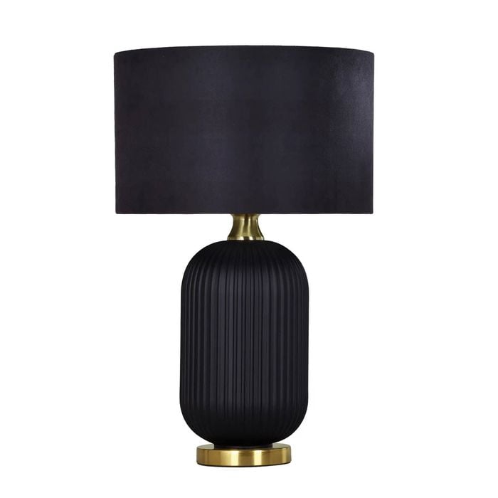 Cla Lighting Lusso Interior Drum Shade Ceramic Base Table Lamp Black With Antique Brass Highlight Large Black Base